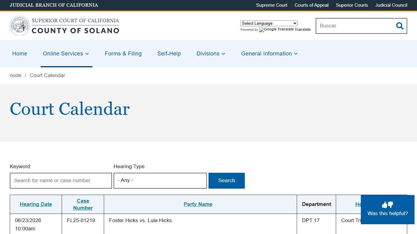 Court Calendar | Superior Court of California | County of Solano