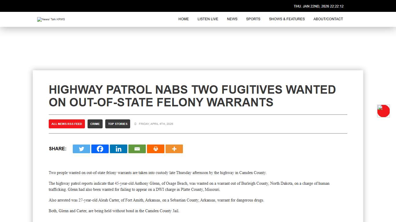 Highway Patrol Nabs Two Fugitives Wanted on Out-of-State Felony Warrants – News/ Talk KRMS